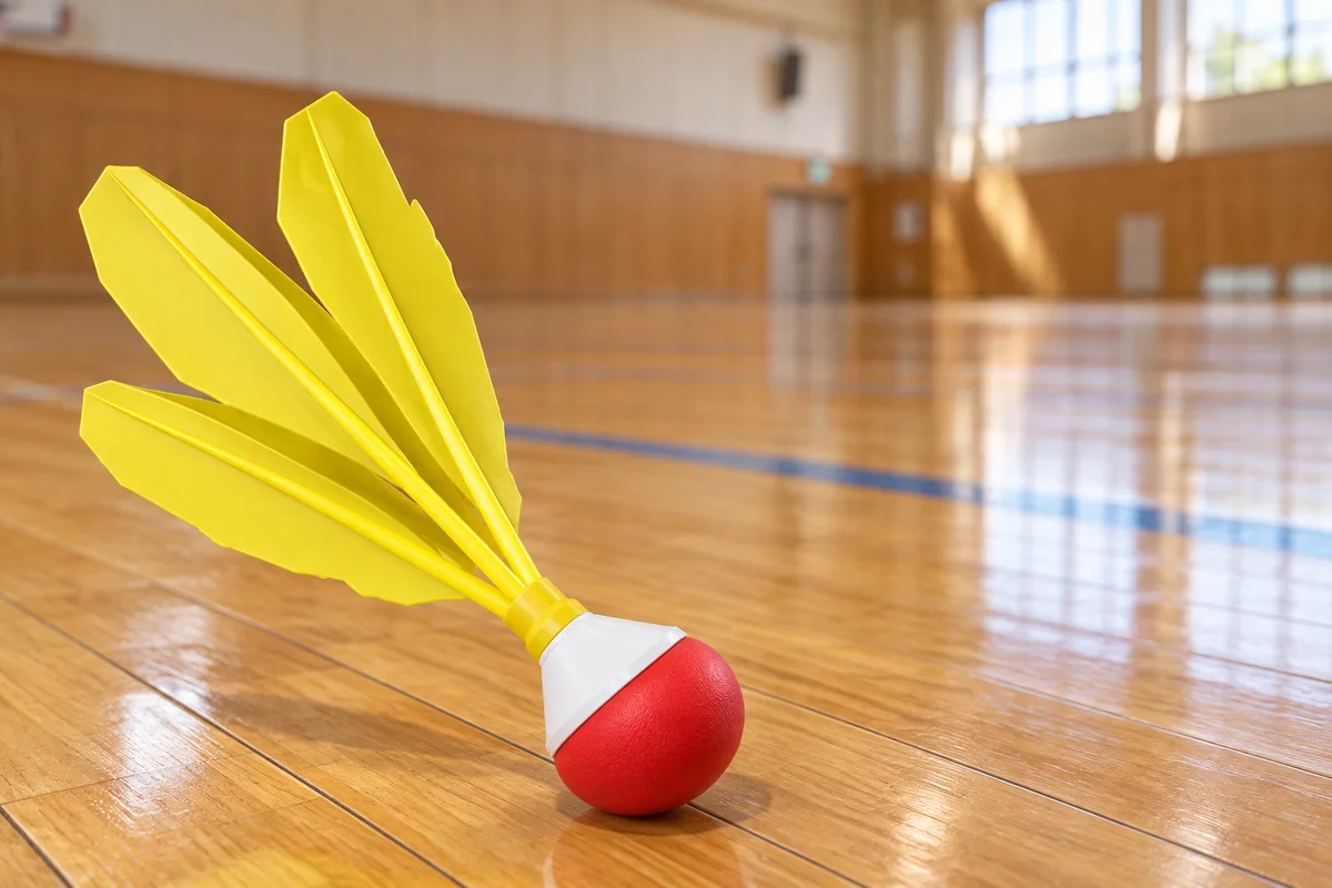 体育館の床に置かれた、黄色い3枚の羽根と赤い台座の羽球(生成イメージ)