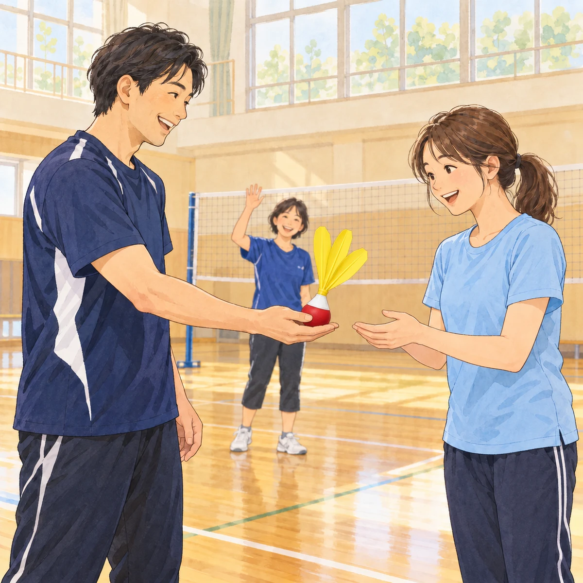 体育館で笑顔の仲間が初めての人に羽球を手渡す、柔らかな手描き風イラスト