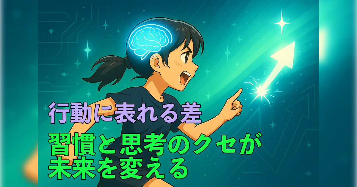 「成長する人と成長しない人の違い【第2章】行動に表れる差:習慣と思考のクセが未来を変える」の内容を伝えるアイキャッチ