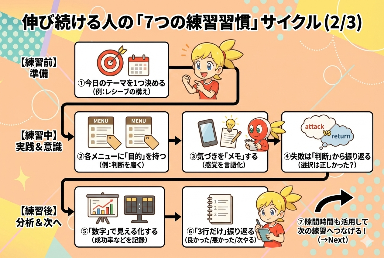 「競技者として“伸び続ける人”の練習習慣 7つ」を説明する図解または場面