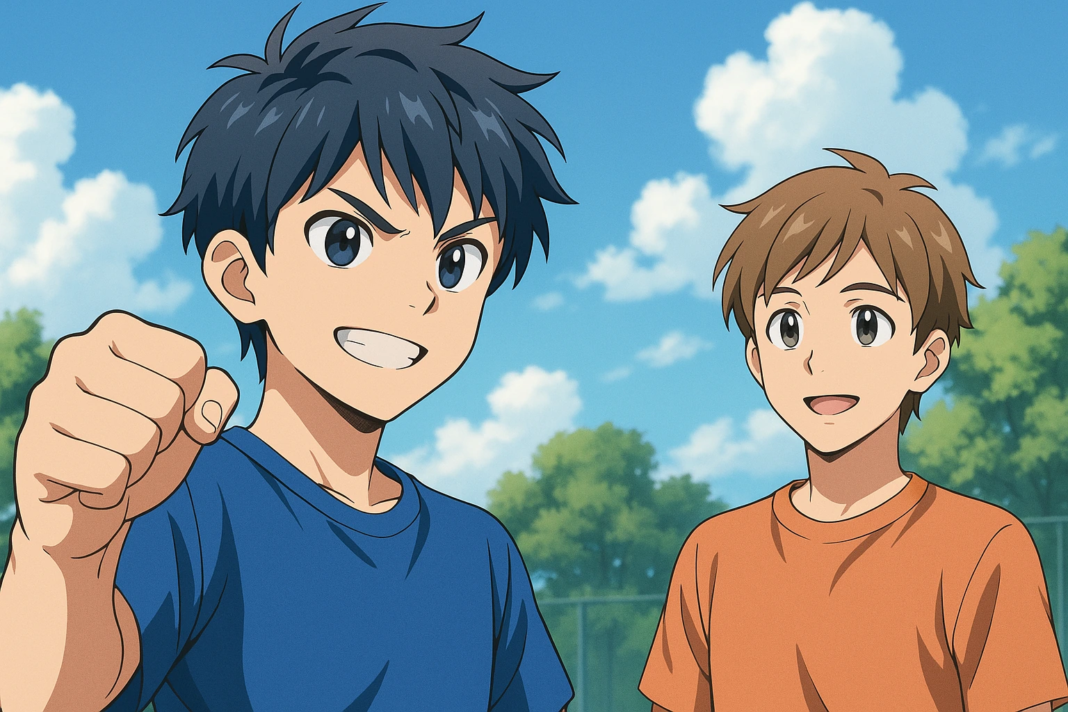 屋外で声をかけ合う2人の選手