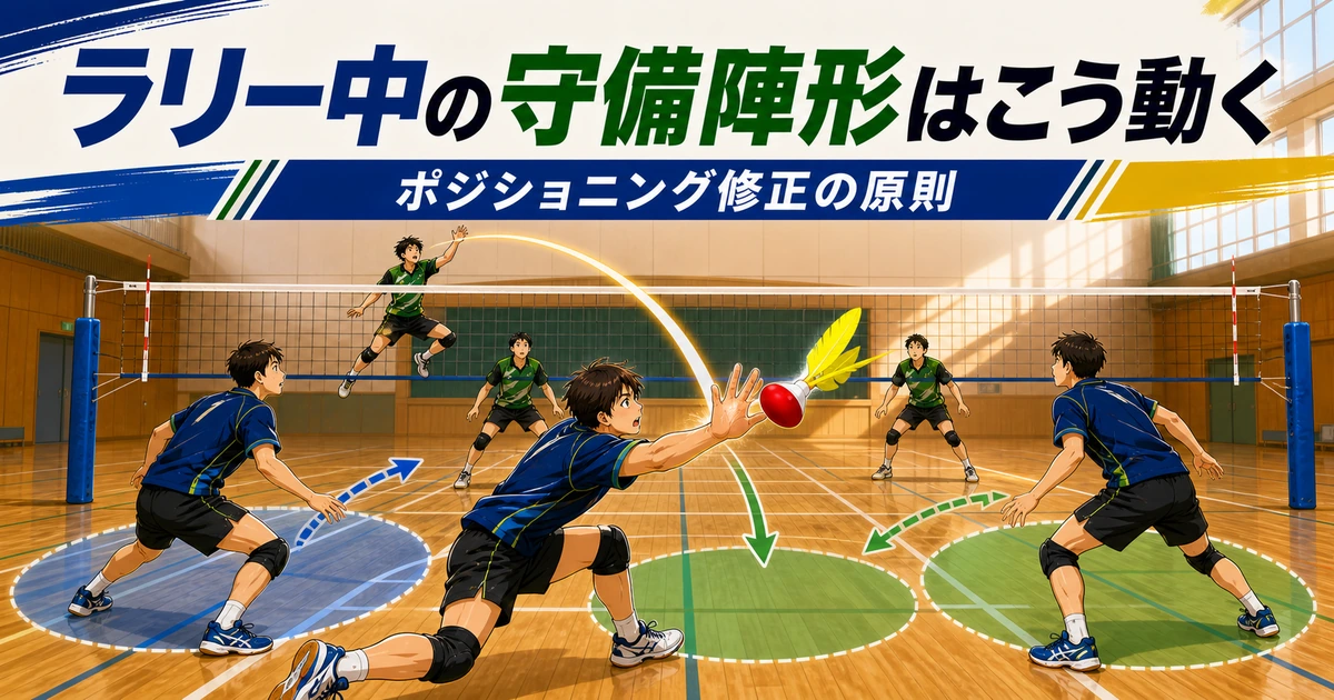 「【守備論】ラリー中の守備陣形はこう動く｜ポジショニング修正の原則」の内容を伝えるアイキャッチ