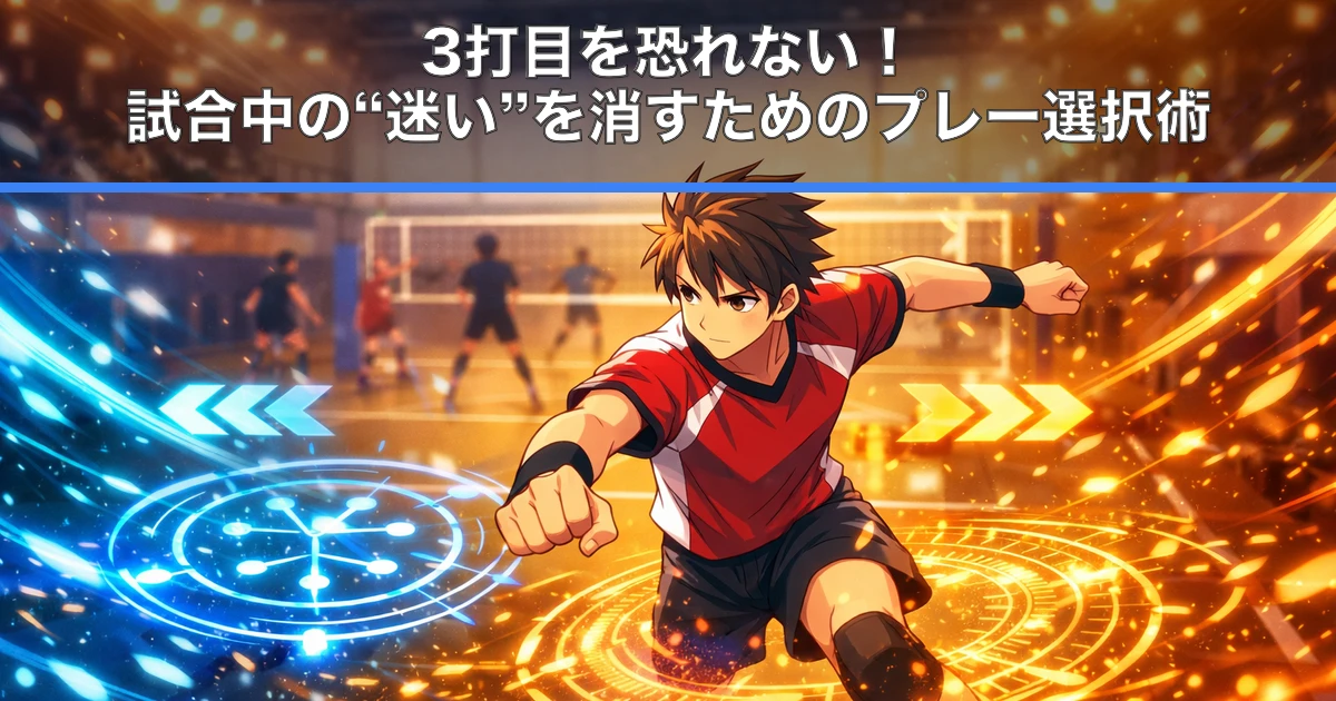 「3打目を恐れない！試合中の“迷い”を消すためのプレー選択術」の内容を伝えるアイキャッチ